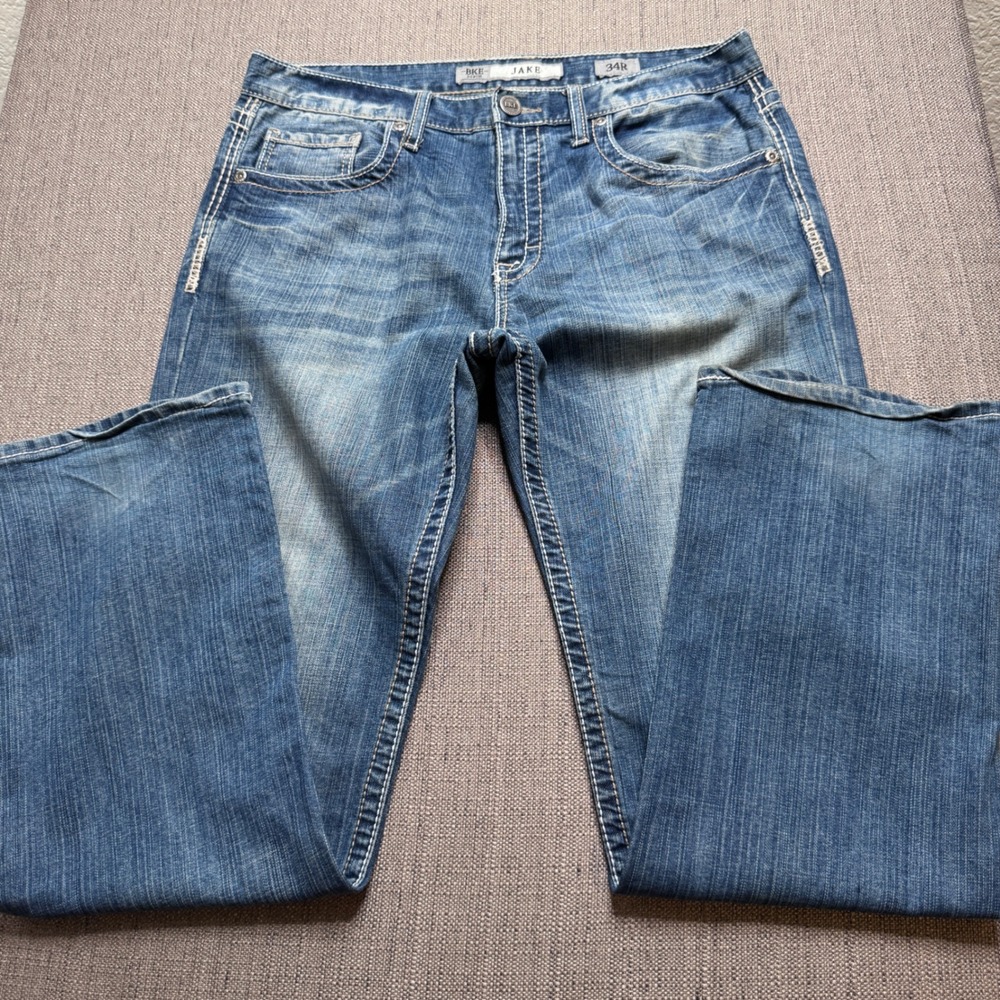 BKE Jake Straight Leg Jeans Mens 34R Medium Wash Heavy Stitch Denim